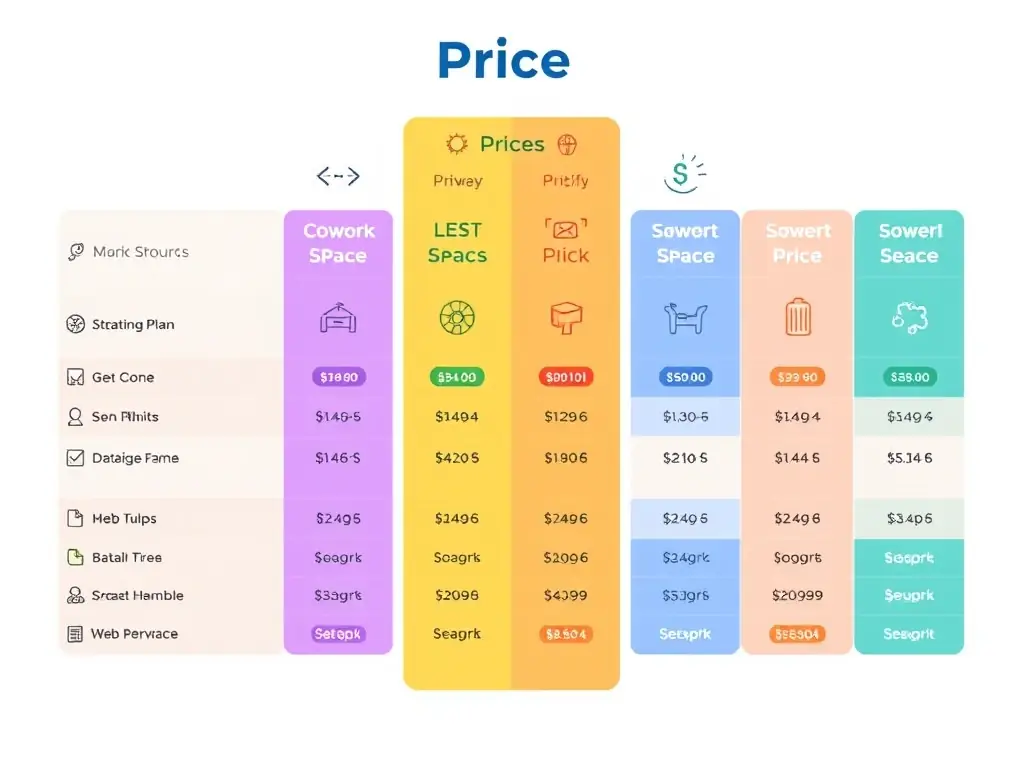 A price chart comparing different coworking spaces, highlighting the various pricing plans and options available. The image should clearly show the value and affordability of the spaces.
