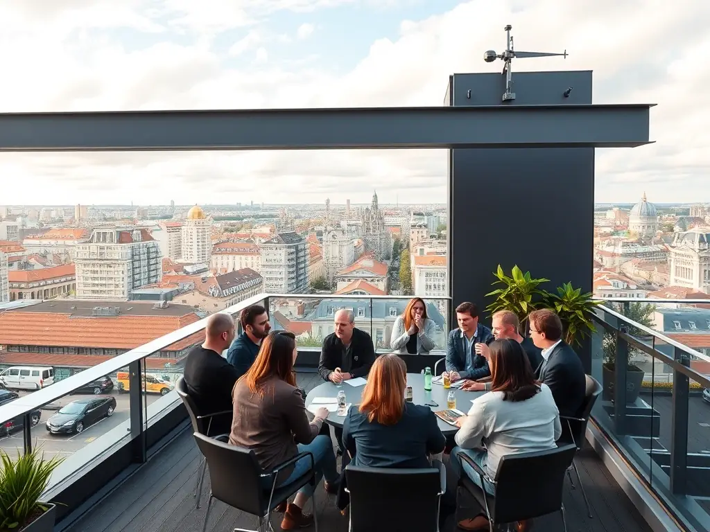 A sleek and minimalist coworking space in Berlin, Germany, featuring private offices, meeting rooms, and a rooftop terrace with panoramic city views. People are attending a workshop and enjoying the view.