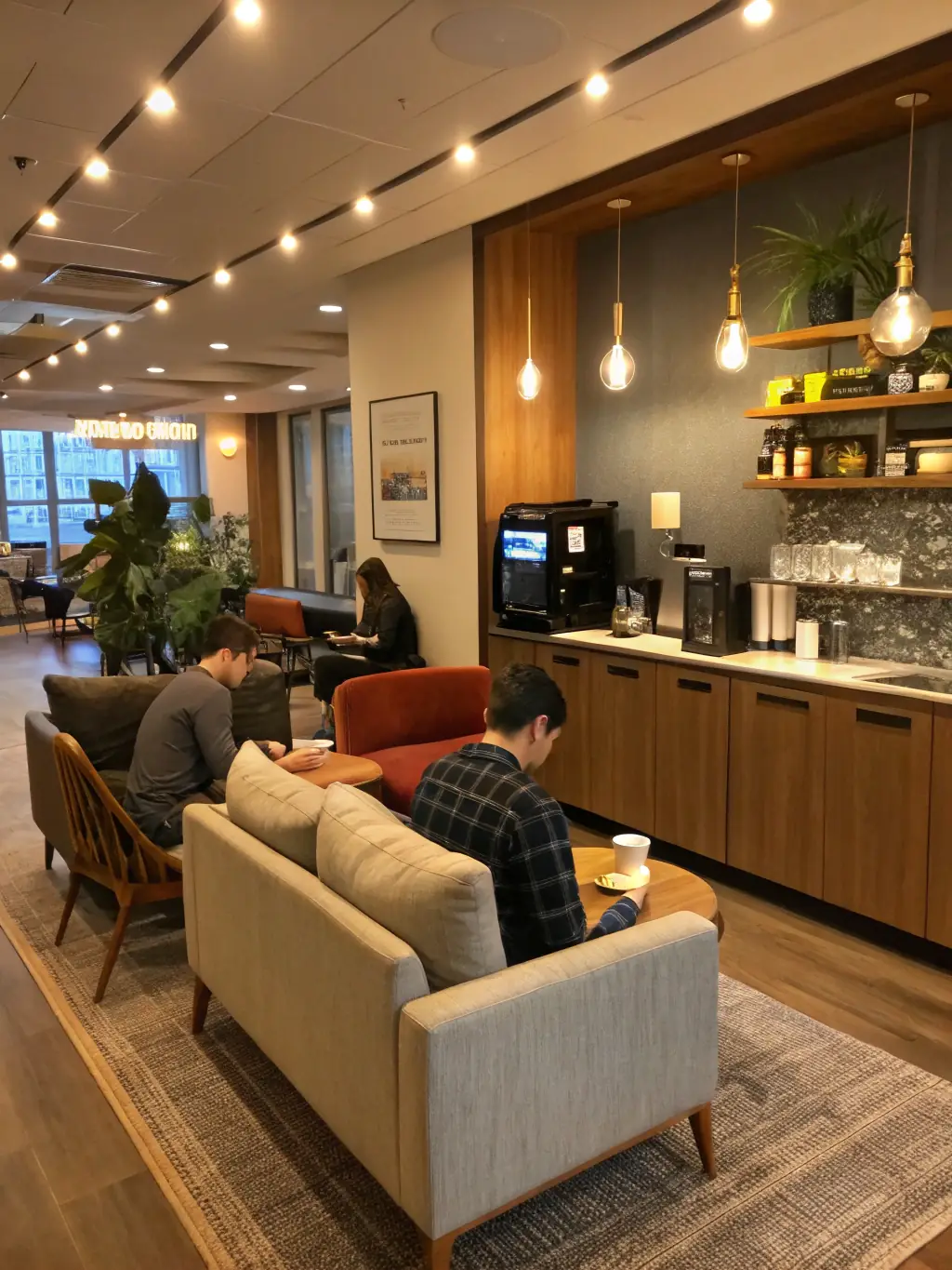 A vibrant and inviting common area with comfortable seating, a coffee bar, and a selection of snacks, fostering a sense of community and relaxation.