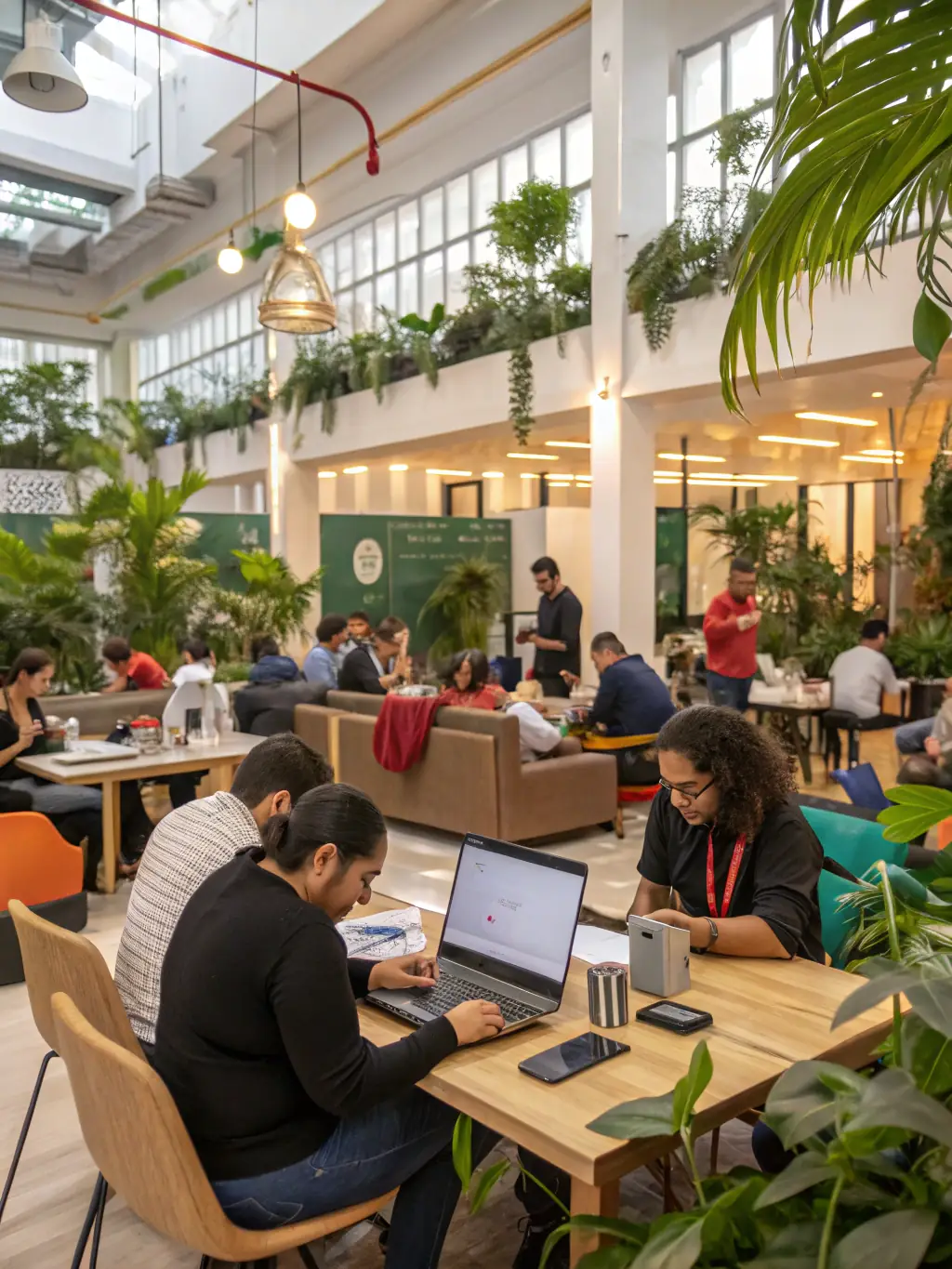 A coworking space with a vibrant social area, including comfortable couches, games, and a communal table for networking and relaxation.