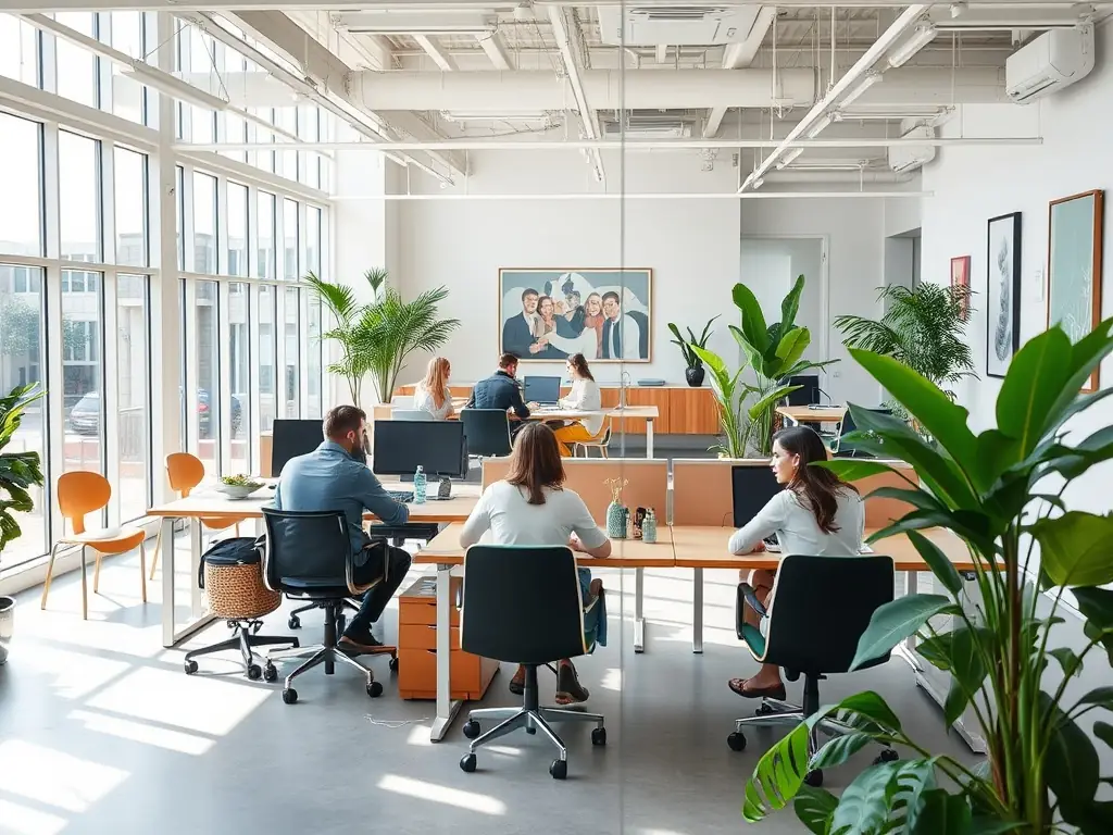 A modern coworking space interior with people working at desks, showcasing a variety of amenities and a vibrant atmosphere. The image should highlight the flexibility and collaborative environment of the space.