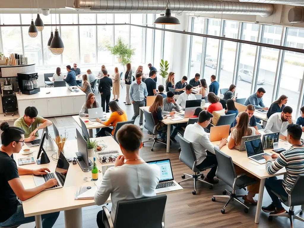 A spacious coworking space in Shoreditch, London, with exposed brick walls, colorful furniture, and a relaxed atmosphere. People are enjoying coffee and casual conversations.