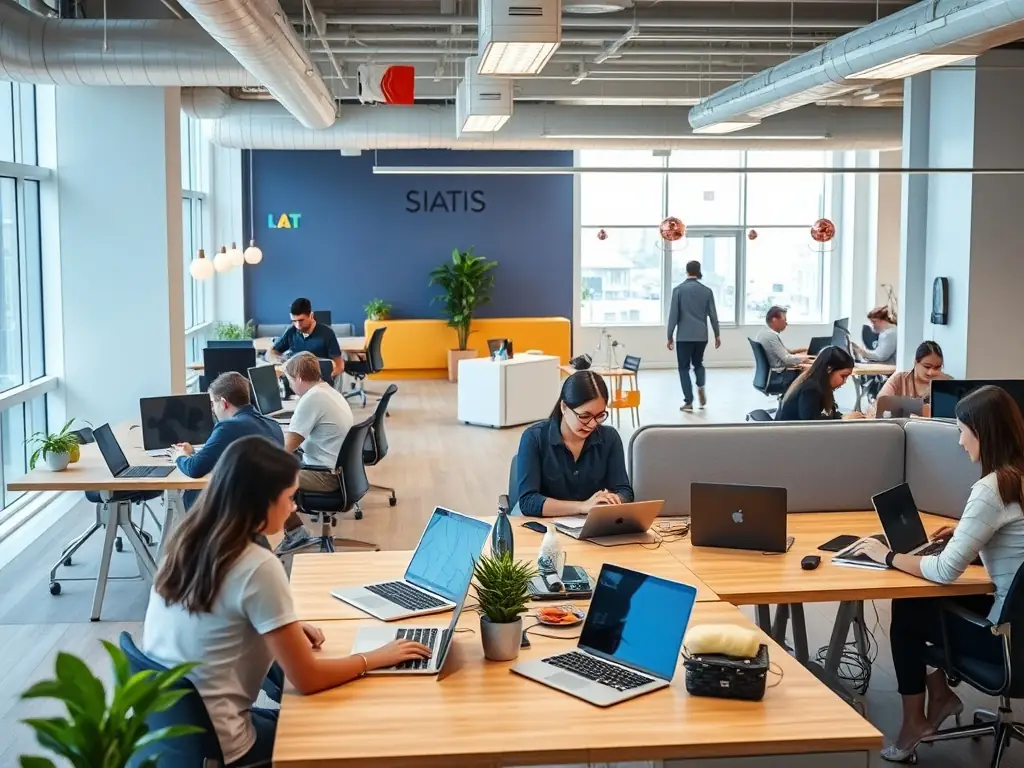A spacious and modern coworking space in Shoreditch, London, featuring colorful decor, comfortable seating, and a relaxed atmosphere. People are shown casually working on laptops and enjoying coffee.