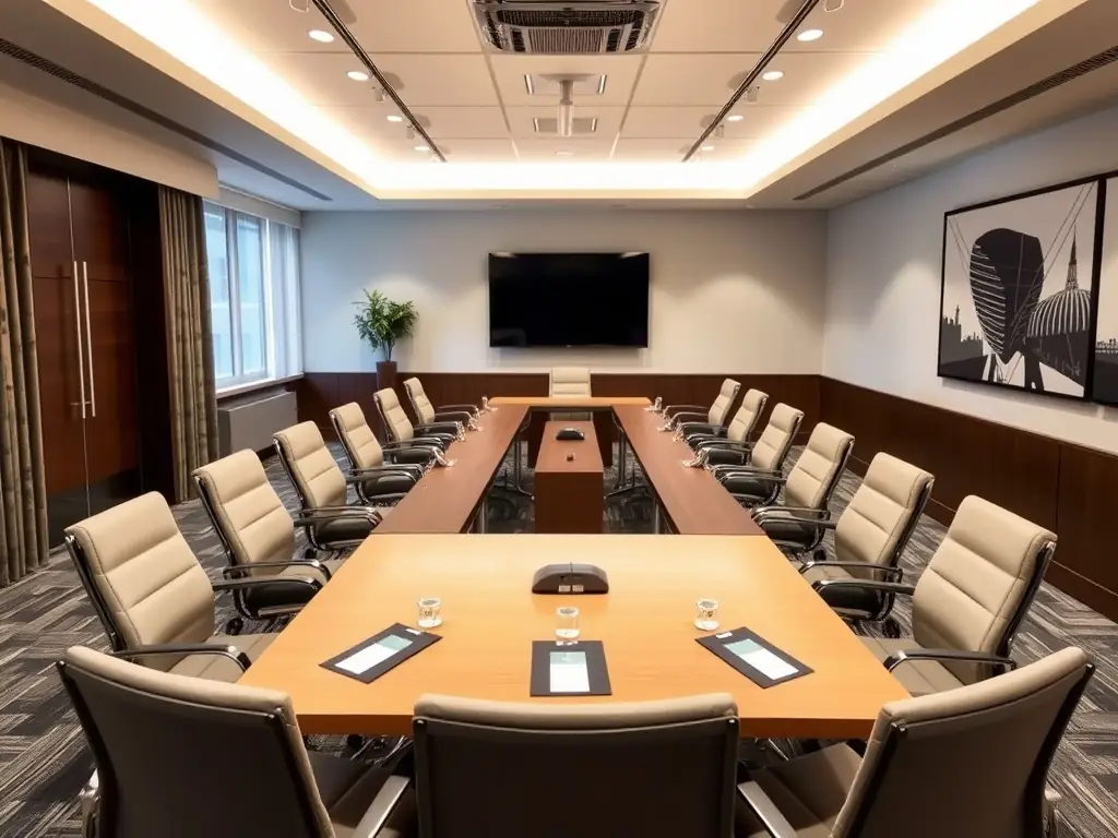 A close-up shot of various amenities offered in a coworking space, such as a well-equipped meeting room, a comfortable lounge area, and a modern kitchen. The image should emphasize the convenience and comfort of the amenities.