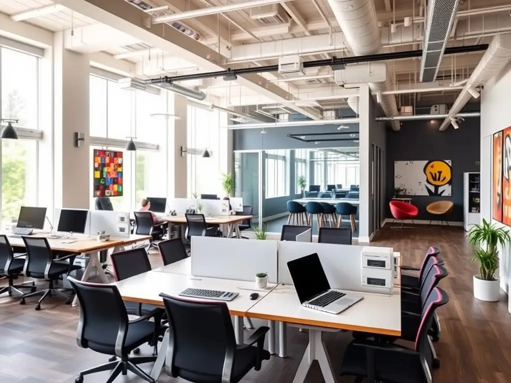 A brightly lit, modern coworking space in downtown Manhattan, New York, featuring open desks, collaborative areas, and large windows overlooking the city skyline. People are working on laptops and collaborating in small groups.