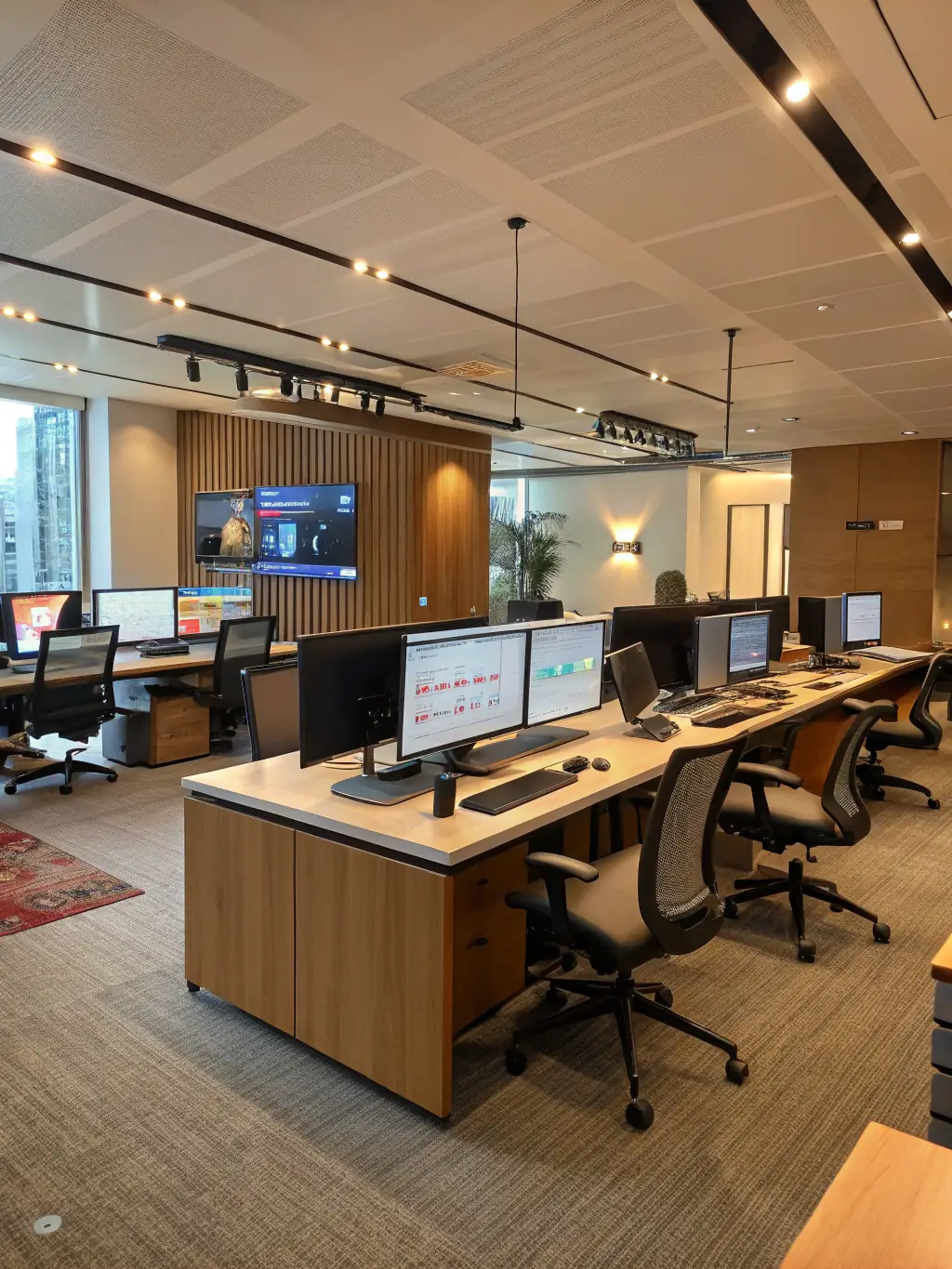 A brightly lit coworking space with ergonomic chairs, stand-up desks, and multiple monitors, showcasing a focus on comfort and productivity.