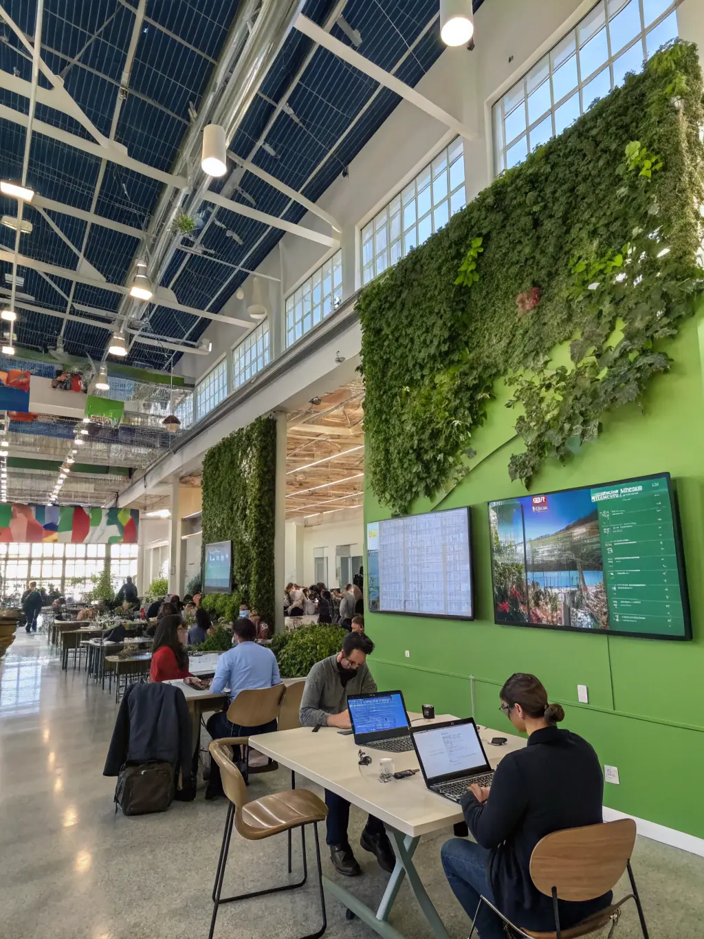 A creative coworking space with colorful walls, art installations, and a relaxed atmosphere. People are shown collaborating on projects and playing games.