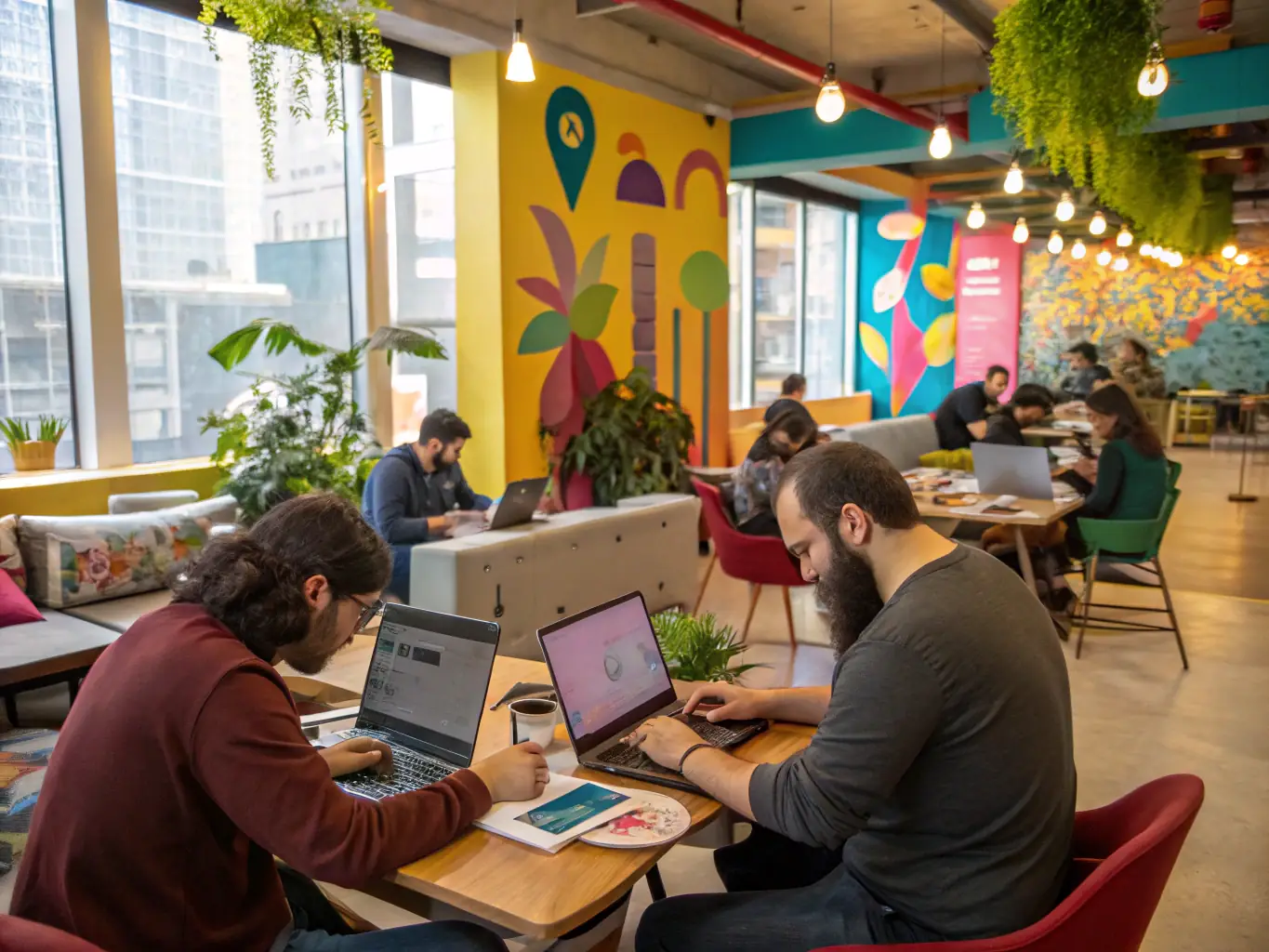 A vibrant, modern coworking space in downtown New York City, with people working at laptops and collaborating in small groups.