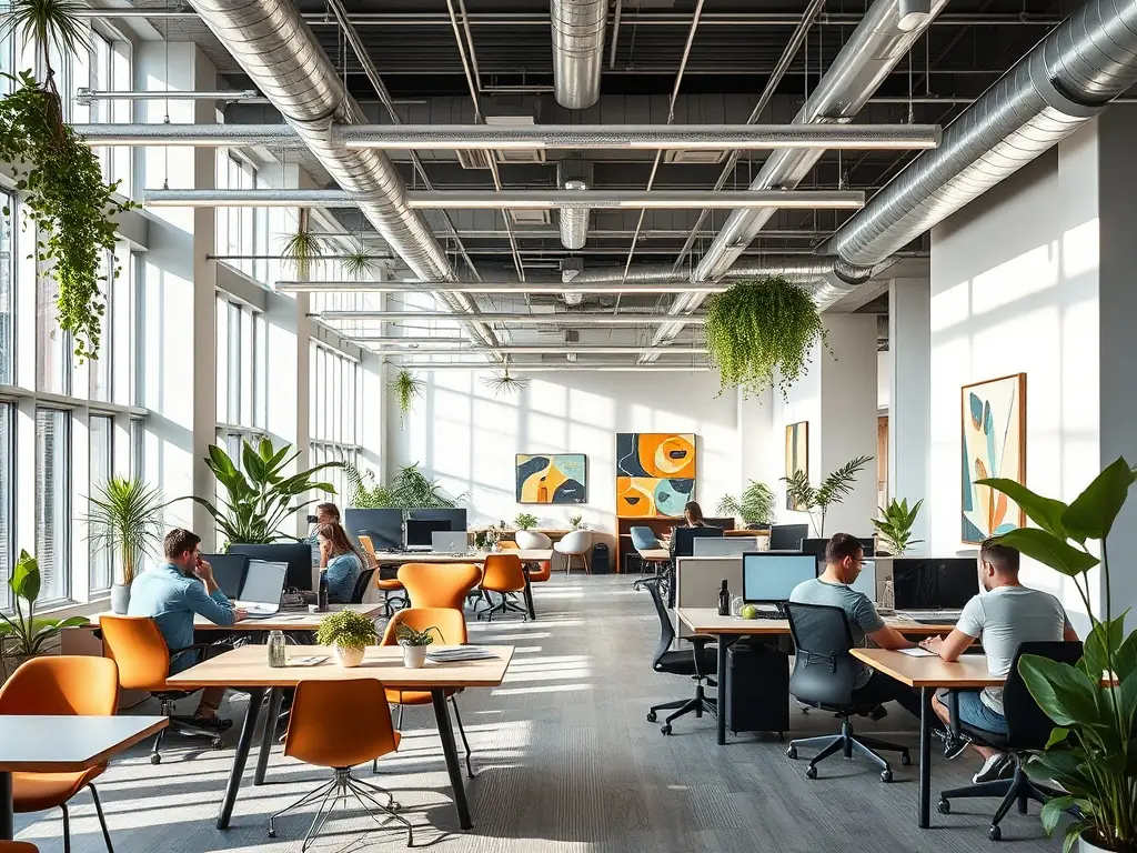 A bright and airy coworking space in Barcelona, Spain, with a focus on sustainability and wellness. The space includes plants, natural light, and ergonomic furniture. People are seen participating in a yoga class.