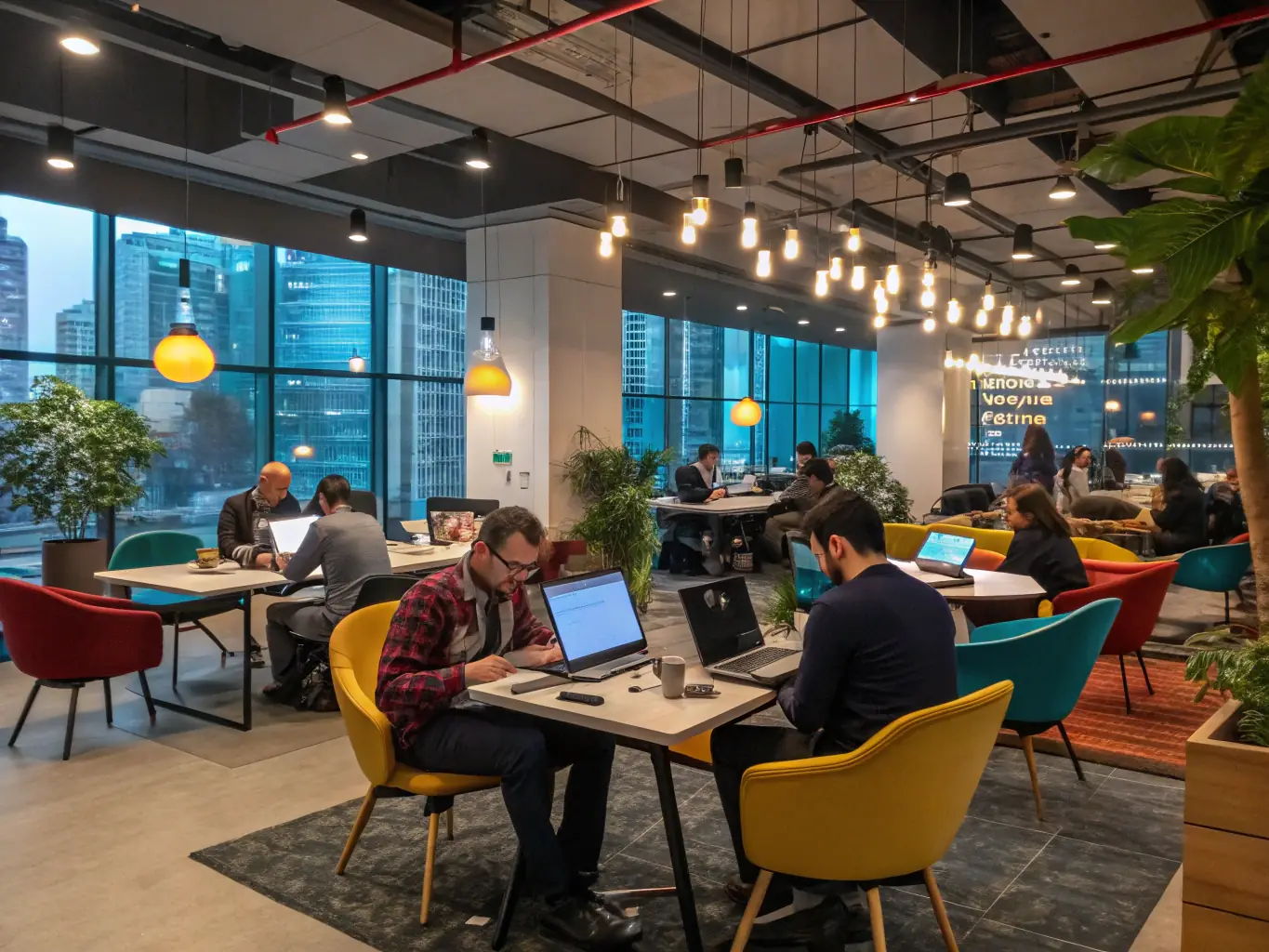 A modern coworking space in Berlin, Germany, with a focus on community and collaboration, featuring colorful decor and open workspaces.