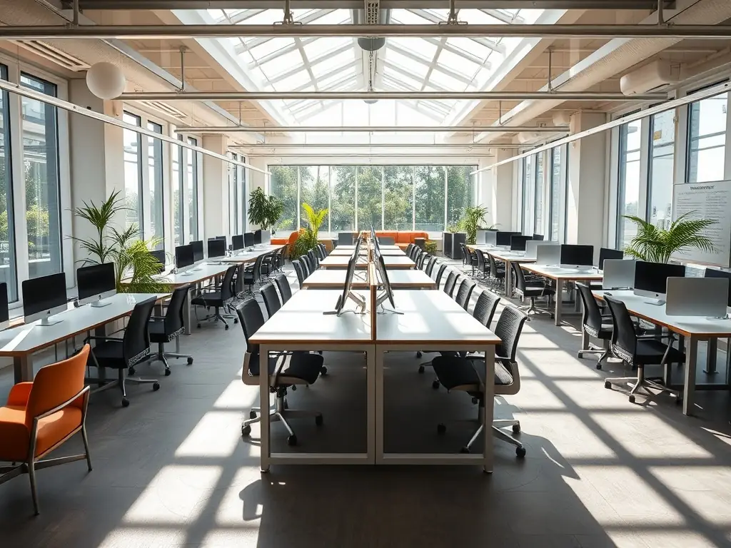 A bright and airy coworking space in London, featuring comfortable seating, plants, and large windows overlooking the city.