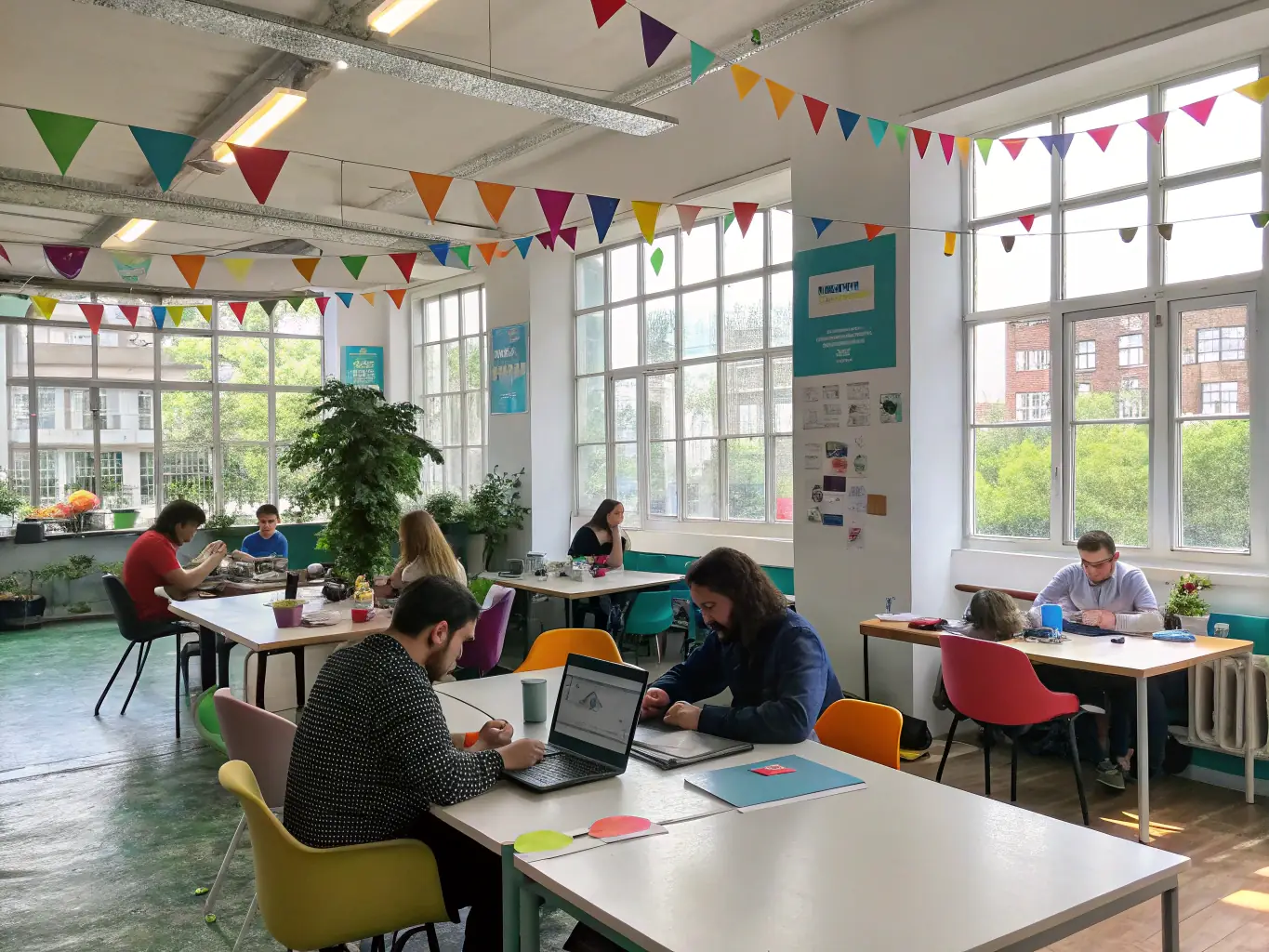 A brightly lit, modern coworking space in downtown Manhattan, New York, with people working at desks and collaborating in small groups. The space features large windows with city views.