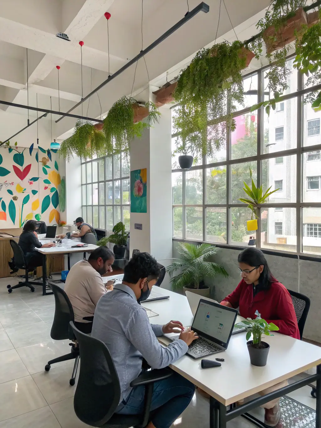 A brightly lit, modern coworking space with people working at desks and collaborating in small groups. The image should convey a sense of community and productivity.