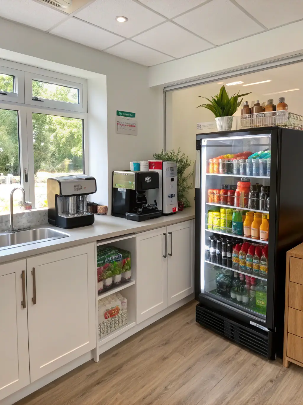 A modern coworking space featuring a fully equipped kitchen with a coffee machine, refrigerator, microwave, and a variety of snacks and beverages.
