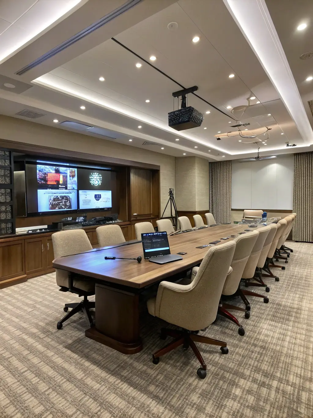 A coworking space with a dedicated meeting room featuring a large screen, video conferencing equipment, and comfortable seating for collaborative sessions.