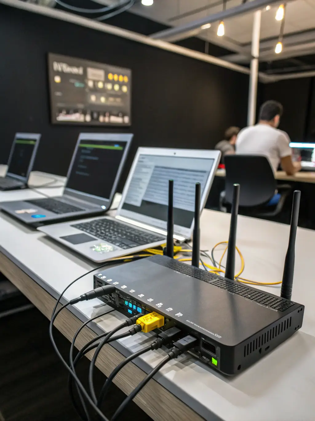 A secure and reliable high-speed internet connection point with visible ethernet ports and Wi-Fi signal indicators, ensuring seamless connectivity for all members.