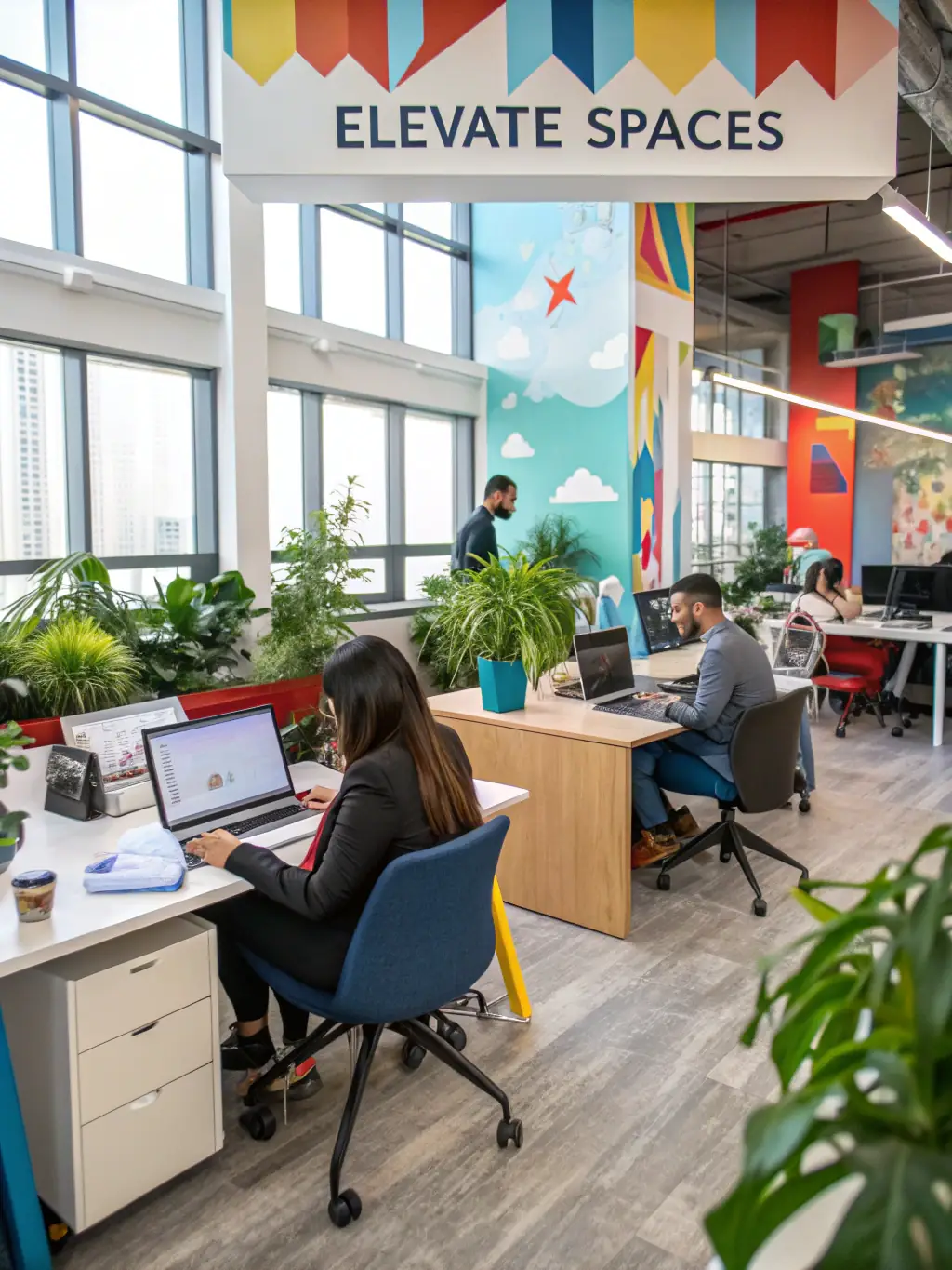 A luxurious coworking space with high-end furniture, a stunning view of the city, and a well-stocked bar. Professionals are shown networking and enjoying the amenities.